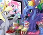  alicorn apple ballons blonde_hair blue_eyes blue_hair candy carrot crown derpy_hooves_(mlp) doughnut equine female friendship_is_magic fruit hair hasbro horse john_joseco microphone muffin my_little_pony party pegacorn pegasus pink_hair pinkie_pie_(mlp) pony popcorn princess_luna_(mlp) television yellow_eyes 