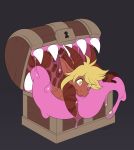  anthro blonde_hair dragon duo goo_(disambiguation) hair horn licking male mimic nude open_mouth saliva simple_background slimefur sweat tongue tongue_out treasure_chest vore yellow_eyes 