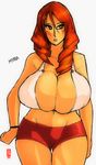  1girl absurdres artist_request breasts brown_hair center_opening character_request character_requesttatoo cleavage highres huge_breasts long_hair mature milf orange_eyes red_hair solo tattoo 