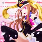  animal_hat bare_shoulders black_legwear brown_hair detached_sleeves hat heart highres laco_soregashi long_hair long_legs mawaru_penguindrum open_mouth pink_eyes princess_of_the_crystal skirt solo takakura_himari thighhighs 