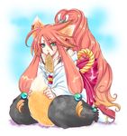  alternate_hairstyle animal_ears artrabo big_hair bow fox_ears fox_tail green_eyes kemonomimi_mode long_hair luke_fon_fabre male_focus mouth_hold pants ponytail red_hair sandals sidelocks sitting socks solo tail tales_of_(series) tales_of_the_abyss very_long_hair wariza 