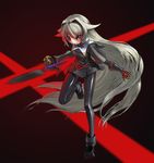  ankle_boots aq_interactive arcana_heart arcana_heart_3 atlus black_legwear boots bow breasts examu gauntlets grey_hair highres long_hair pantyhose patterned_background pleated_skirt purple_eyes red_eyes skirt small_breasts solo striped_background sword uniform very_long_hair weapon weiss 