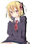  alternate_costume blonde_hair hair_ribbon highres necktie red_eyes red_neckwear ribbon rumia school_uniform sitting solo touhou tunamayochan upper_body 