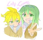  1girl annoyed blonde_hair eyewear_on_head glasses green_eyes green_hair gumi jewelry kagamine_len necklace short_hair smile v vocaloid yumemiya 