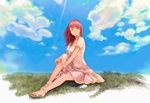  book cloud day dress grass highres long_hair original pink_hair purple_eyes sandals sitting sky solo toes white_dress yazu_ranko 