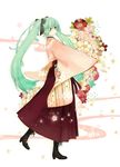  aqua_eyes aqua_hair black_footwear boots brown_hakama floral_background flower from_side full_body hair_ribbon hakama hatsune_miku japanese_clothes kimono long_hair meiji_schoolgirl_uniform outstretched_arm ribbon solo twintails vocaloid yuujima 