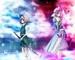  bloomers blue_eyes bug butterfly ghost hairband hal_(ojou) hitodama insect katana konpaku_youmu konpaku_youmu_(ghost) multiple_girls pink_eyes pink_hair saigyouji_yuyuko scabbard sheath sheathed short_hair silver_hair skirt sword touhou underwear weapon 