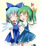  =_= ahoge arm_hug bad_id bad_pixiv_id blue_hair bow child cirno closed_eyes daiyousei dress food fujishiro_emyu green_hair hair_bow heart hot multiple_girls no_nose popsicle side_ponytail touhou watermelon_bar wings 