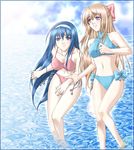  bare_legs bare_shoulders bikini blonde_hair blue_eyes blue_hair bow day fervent_idiot hair_bow hairband half_updo hands himemiya_chikane kannazuki_no_miko kurusugawa_himeko leaning_forward legs long_hair multiple_girls navel ocean purple_eyes sky smile swimsuit wading water wrist_grab yuri 