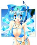  bikini blue_eyes blue_hair bow bracelet breasts cirno cleavage goggles goggles_on_head hair_bow jewelry kamiya_tomoe large_breasts leaning_forward lowres necklace older open_mouth ribbon side-tie_bikini skindentation snorkel solo string_bikini swimsuit touhou wings 