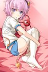  alternate_costume blush buruma eyeball fetal_position gym_uniform komeiji_satori leg_hug lying no_shoes nu_(plastic_eraser) on_side panties pink_hair purple_eyes short_hair solo thighhighs third_eye touhou underwear white_legwear 