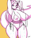  anthro big_breasts bikini black_nose blue_eyes breasts cleavage clothed clothing female fur hair huge_breasts juzztie long_hair looking_at_viewer milf mother nipples parent popsicle skimpy smile solo sweat swimsuit tail thighs tight_clothing voluptuous white white_fur white_hair wide_hips 