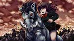  animal army bad_id bad_pixiv_id blazer bow breath bridle brown_hair cloud death_(entity) grim_reaper horse horseback_riding jacket lolicept open_mouth original plaid pleated_skirt red_eyes riding school_uniform scythe skirt skull sky teeth wind 