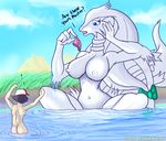  2011 anthro bathing big_breasts blue_eyes bow breasts brown_hair butt dragon english_text female hair hat human legendary_pok&#233;mon male mammal navel nintendo nipples nude pok&#233;mon pok&#233;morph pok&eacute;mon pok&eacute;morph reshiram sitting size_difference tail text ticklishways trunks trunks_(clothing) video_games water wet white_nipples zp92 