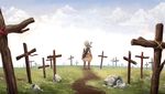  blonde_hair cloud commentary_request day dragon_nest gloves grass grave h5we31 highres male_focus path road scenery sky solo sword warrior_(dragon_nest) weapon 