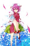  aiya bad_id bad_pixiv_id bandages breasts bun_cover chinese_clothes double_bun dress flower highres ibaraki_kasen leg_up medium_breasts open_mouth petals pink_eyes pink_flower pink_hair pink_rose rose short_hair sitting skirt solo touhou 