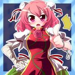  1girl bandages bun_cover chain chinese_clothes cuffs double_bun flower geo_(yukishitadou) hand_on_hip ibaraki_kasen looking_at_viewer open_mouth pink_hair pointing pointing_at_viewer red_eyes rose short_hair solo touhou upper_body 