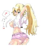  1girl artist_request ass blush breasts denim denim_shorts female jeans kerger360 large_breasts mario_(series) naughty_face nintendo nipple nipples princess_peach shorts simple_background smile solo super_mario_bros. 