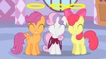  applebloom_(mlp) cape cub cutie_mark_crusaders_(mlp) equine female feral friendship_is_magic group halo hasbro horn horse mammal my_little_pony pegasus pony scenery scootaloo_(mlp) smile sweetie_belle_(mlp) unicorn unknown_artist wings young 