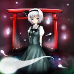  aqua_eyes bags_under_eyes black_hairband bow bowtie dress_shirt ghost green_eyes green_hair hair_ribbon hairband hal_(ojou) hitodama konpaku_youmu konpaku_youmu_(ghost) ribbon shirt silver_hair skirt solo tears torii touhou vest 