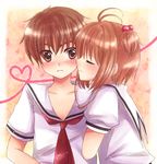  1girl blush brown_eyes brown_hair cardcaptor_sakura green_eyes kinomoto_sakura li_xiaolang maekawa_suu school_uniform serafuku short_hair tomoeda_elementary_school_uniform 