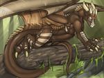  all_fours anthro balls big_feet blue_eyes brown brown_dragon brown_markings brown_scales claws divio dragon forest horn lizard looking_at_viewer male pose reptile scalie smile solo spikes tail thick_tail tojo_the_thief tree western_dragon white wings wood 