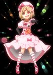  blonde_hair candy dress elbow_gloves fangs food frills gloves hair_ornament hair_ribbon hat kneehighs lambdadelta nae_(whitecake) open_mouth pointing pumpkin red_eyes ribbon short_hair smile solo striped striped_legwear troll_face umineko_no_naku_koro_ni 