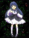  blue_eyes blue_hair bow bowtie cat dress eyes fangs frederica_bernkastel frills kneehighs long_hair mary_janes nae_(whitecake) open_mouth outstretched_arm reaching shoes slit_pupils smile solo troll_face umineko_no_naku_koro_ni 