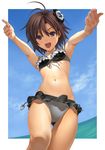  absurdres antenna_hair armpits bikini black_bikini blue_eyes brown_hair day frilled_bikini frills front-tie_top hair_ornament heart highres idolmaster idolmaster_(classic) idolmaster_2 kikuchi_makoto md5_mismatch navel nekopuchi ocean open_mouth outdoors outstretched_arms short_hair sky smile solo swimsuit thigh_gap 