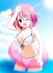  absurdres bad_id bad_pixiv_id bikini breasts cleavage highres innertube large_breasts nekoman_(nukomann) one_eye_closed original red_eyes red_hair solo swimsuit 