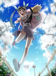  backpack bag bakemonogatari brown_hair cloud day fang fisheye hachikuji_mayoi hairband jumping long_hair monogatari_(series) power_lines red_eyes solo twintails wasabi_(legemd) 