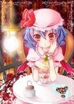  bad_id bad_pixiv_id bat_wings blue_hair brooch chair checkerboard_cookie cookie cup dress flower food hand_on_own_cheek hat jewelry lantern looking_at_viewer nekosugi_(hoshi) open_mouth red_eyes remilia_scarlet rose short_hair sitting solo table tea teacup touhou upper_body wavy_hair wings 