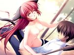 breasts brown_hair cat-girl cat_ears cat_tail eyes_closed eyewear female glasses hair human legwear long_hair male mammal nipples nude outside plain_background red-hair red_hair robe sex sitting straight swing thigh-highs thigh_highs unknown_artist white_background 