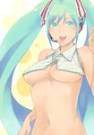  aqua_eyes aqua_hair bad_id bad_pixiv_id breasts hatsune_miku headset large_breasts long_hair navel open_mouth solo twintails underboob vocaloid yuni_(rene) 