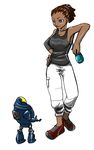  ankles armpits artist_request blue_eyes blush braid braids breasts brown_hair cargo_pants cleavage dark_skin dreadlocks drink fallout hairlocs hand_on_hips highres leaning pants robot size_difference smile tank_top 