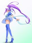  agahat ass blue_footwear blue_legwear boots cure_beat dress earrings eyelashes frills from_below full_body hair_ribbon highres jewelry kurokawa_eren long_hair magical_girl panties precure purple_hair ribbon seiren_(suite_precure) side_ponytail solo suite_precure thigh_boots thighhighs underwear very_long_hair yellow_eyes 