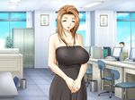  breasts brown_hair covered_nipples game_cg huge_breasts jpeg_artifacts long_hair milk_junkies nipples smile solo tatsunami_youtoku toyohara_mitsuki 