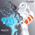  anthro big_breasts black black_body blue blue_eyes boob_squish breast_squish breasts butt dragon female glowing glowing_eyes huge_breasts legendary_pok&#233;mon lesbian looking_at_viewer looking_back nintendo nipples nude open_mouth pok&#233;mon pok&#233;morph pok&eacute;mon pok&eacute;morph red red_eyes reshiram smile standing tail thighs ticklishways video_games white white_body white_nipples wings zekrom zp92 