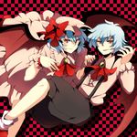  1girl akasata ascot bad_id bad_pixiv_id bat_wings blue_hair brooch checkered checkered_background dual_persona genderswap genderswap_(ftm) hat jewelry pants red_eyes remilia_scarlet suspenders touhou wings wrist_cuffs 