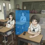  chalkboard classroom commentary_request desk dotted_line highres multiple_girls original school_desk school_uniform sitting tissue yajirushi_(chanoma) 
