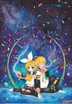  1girl ahoge bamboo blonde_hair bow brother_and_sister bubble hair_bow hands headphones holding holding_hands kagamine_len kagamine_rin marker_(medium) mosho red_string shide siblings signature sitting sky star_(sky) starry_sky string tanabata tanzaku traditional_media twins vocaloid wariza water watercolor_(medium) watercolor_pencil_(medium) 