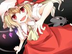  ascot bad_id bad_pixiv_id blonde_hair fang flandre_scarlet hat laevatein open_mouth pasutel red_eyes shirt side_ponytail skirt skirt_set slit_pupils smile solo touhou wings 