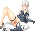  anus bad_id bad_pixiv_id bandages belt blush bottomless bow braid breasts breasts_apart censored chicla elbow_gloves flaccid flower frills futanari gloves grey_eyes hair_ornament high_heels kaine_(nier) large_breasts lingerie long_legs negligee nier nier_(series) penis ribbon shoes short_hair silver_hair solo_focus testicles thigh_strap thighhighs underwear white_hair 