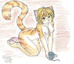  blonde_hair breasts cat cute feline female furry_wolf hair helsy hindpaw looking_at_viewer mammal necklace nude paws solo yarn 