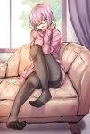  commentary_request couch curtains fate/grand_order fate_(series) glasses hair_over_one_eye highres lavender_hair legs long_sleeves mash_kyrielight pantyhose ribbed_sweater shirokuma_a short_hair sitting soles sweater thighband_pantyhose window 