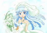  bare_shoulders blue_eyes blue_hair bouquet bridal_veil dress flower hinotsuki_neko ikamusume jewelry long_hair ring shinryaku!_ikamusume shrimp solo tentacle_hair tiara veil wedding_dress 