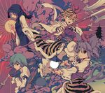  animal_ears animal_print beads bishamonten's_pagoda bishamonten's_spear black_hair blonde_hair blue_eyes blue_hair brown_eyes closed_eyes cosplay fingerless_gloves gloves grey_hair hair_ornament heterochromia hood ichizen_(o_tori) karakasa_obake kemonomimi_mode kumoi_ichirin mouse_ears mouse_tail multicolored_hair multiple_girls nazrin pagoda polearm prayer_beads purple_hair red_eyes spear tail tatara_kogasa tiger_print tiger_tail toramaru_shou toramaru_shou_(cosplay) touhou tower trident two-tone_hair umbrella unzan weapon whorled_clouds 