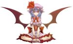  1girl :o bare_shoulders bat_wings blue_hair full_body hands_on_feet hat indian_style low_wings mary_janes red_eyes remilia_scarlet ribbon shoes short_hair simple_background sitting slit_pupils solo touhou utakata_(kochou_no_yume) wings wrist_cuffs wrist_ribbon 