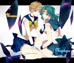  back_bow bishoujo_senshi_sailor_moon blonde_hair blue_choker blue_eyes blue_footwear blue_sailor_collar blue_skirt boots bow character_name chin_grab choker earrings green_hair highres jewelry kaiou_michiru long_hair magical_girl multiple_girls outer_senshi sailor_collar sailor_neptune sailor_senshi_uniform sailor_uranus short_hair skirt ten'ou_haruka tiara very_short_hair washi_(micino) yellow_bow yuri 