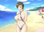  areola_slip areolae beach blush breasts cleavage cloud covered_nipples day game_cg huge_breasts jpeg_artifacts milk_junkies nipples ocean outdoors sky slingshot_swimsuit solo swimsuit tatsunami_youtoku toyohara_hitomi water 